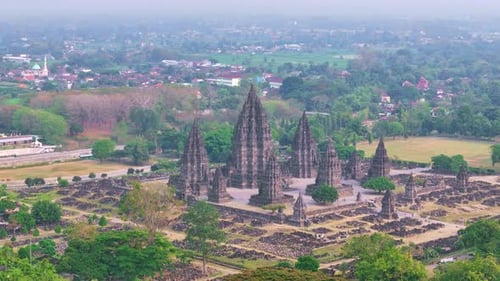 Ancient temple of Prambanan in Yogyakarta, Indonesia, aerial view