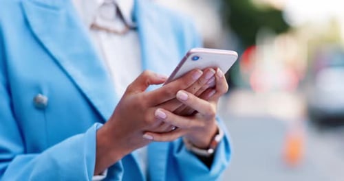 Business woman, hands and phone typing in the city for communication, social media or chatting