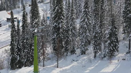 Snowy Ski Lift Resort Chairlift Ski Lift Glides Over Pristine Slopes Aerial View Winter Forest Ski