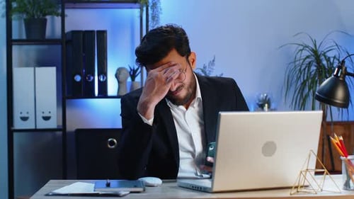 Indian Office Business Man Use Smartphone Surprised By Bad News Fortune Loss Fail Lottery Results