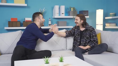 Friends Chatting and Laughing on Sofa at Home