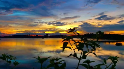 The beautiful sunset over the calm waters of the lake makes for a perfect view