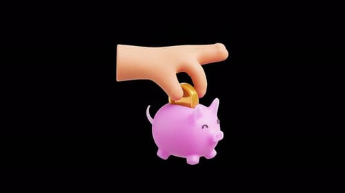 3D-Handgeste, mit der Geld in ein Sparschwein gesteckt wird, Bewegte Grafiken