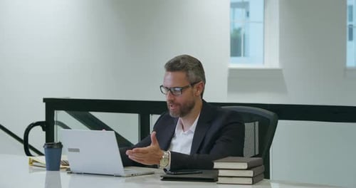 Business Man Talk on Web Camera Online Video Meeting Employee Talking on Video Conference in Office