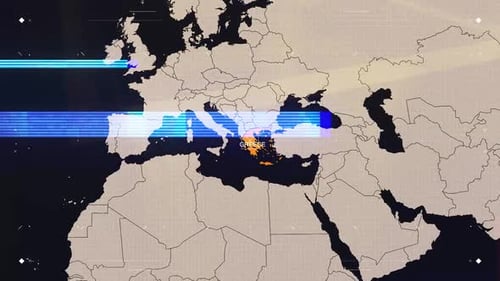 Futuristic World Map with Glitch Scanlines and Country Highlight