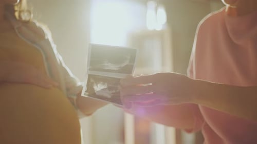 Excited Pair Reviews Sonogram Images in Warm Sunlight