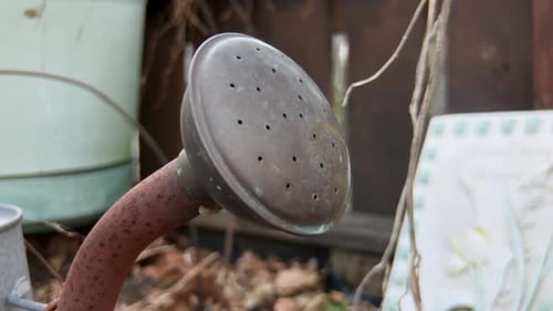 Close up of rusty watering can spout.