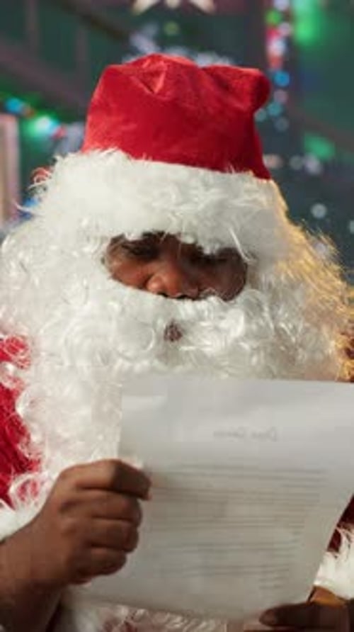 Vertical Video Black Santa Opening Envelopes with Correspondence From Kids