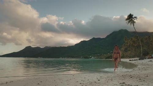Young Woman Walking on Tropical Beach at Sunset in Moorea French Polynesia