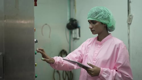 Employee is working at beverage factory.