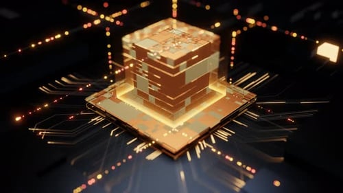 Golden CPU Building on Digital Circuit Board Animation