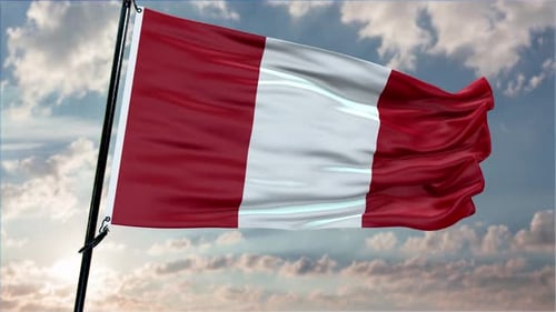 Peruvian Flag Waving in Wind Against Cloudy Sky