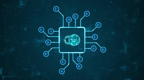 Logo de llave de seguridad digital azul y placa de circuito con tecnología HUD con icono de IA y transferencia de datos