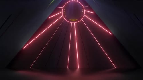 Dynamic neon light tunnel with glowing sphere and geometric shapes