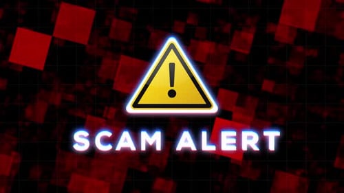 Scam Alert with Glitch Text and Digital Warning Sign