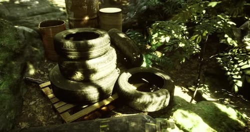 Old Tires and Barrels are Stacked in a Forested Area Near a Rocky Path