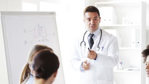 Hospital, Profession, Medical Education, People And Medicine Concept - Group Of Happy Doctors Mee...