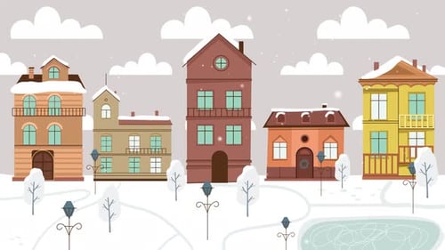 Christmas Village House Snow Animation