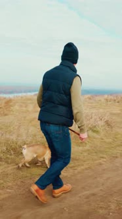 A Serene Outdoor Scene Capturing a Person Walking a Small Dog Along a Scenic Path Surrounded By