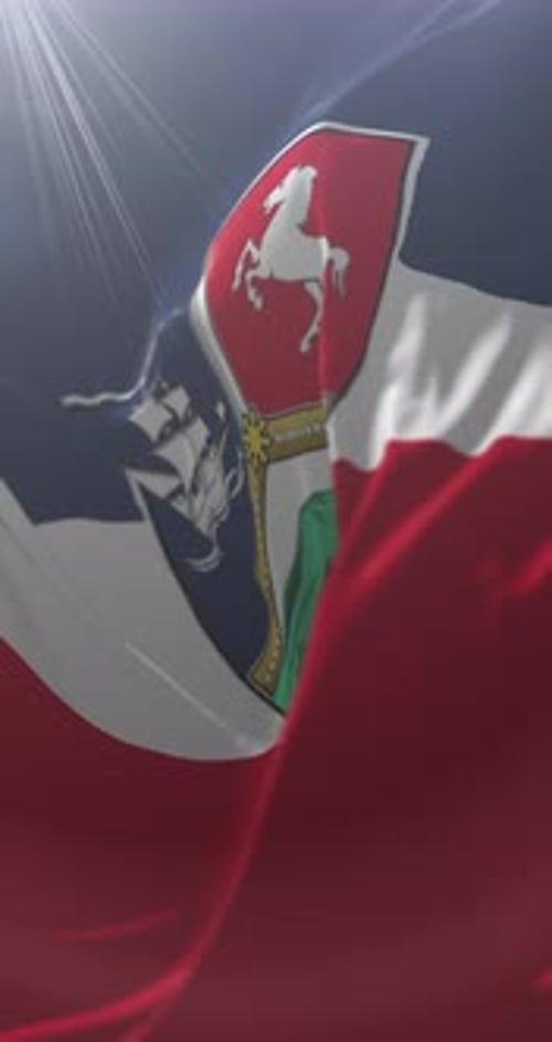 Realistic Regional Flag with Coat of Arms Waving Vertical Background