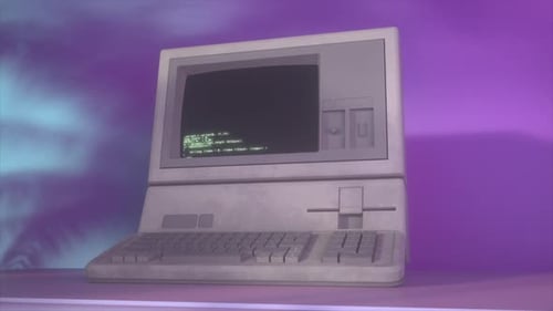Computadora retro de la década de 1980 que muestra un Código Verde en la pantalla con fondo Vaporwave