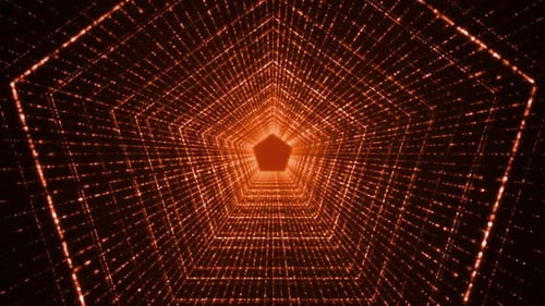 abstrakter Hintergrund mit Pentagon-Tunnelpartikeln, orangefarbener, schleifenförmiger Hintergrund