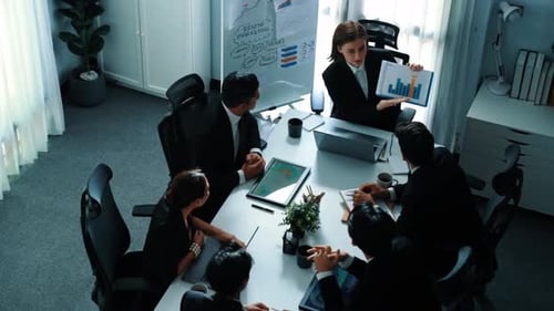 Top view of manager show increase sales chart while team clap hand. Directorate.