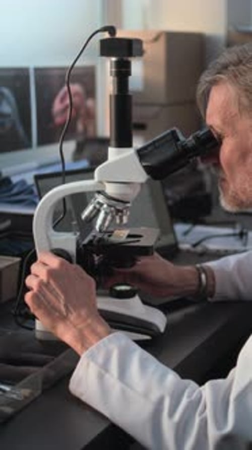 Microbiólogo maduro analisa amostra sob microscópio no laboratório de ciências arqueológicas