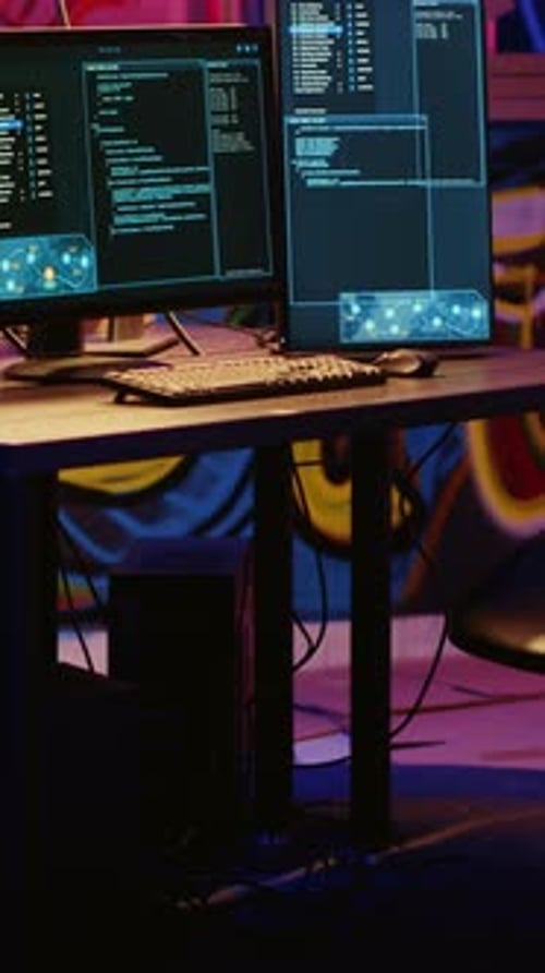 Workstation with Multiple Monitors Displaying Code