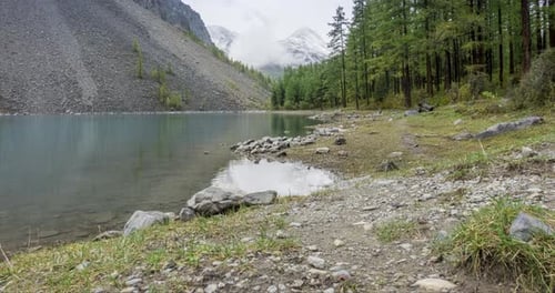Mountain Lake Timelapse at the Summer or Autumn Time Wild Nature and Rural Mount Valley Green Forest