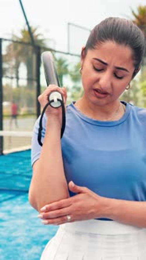 Fitness, exercise and woman on tennis court with elbow pain, injury or accident with inflammation