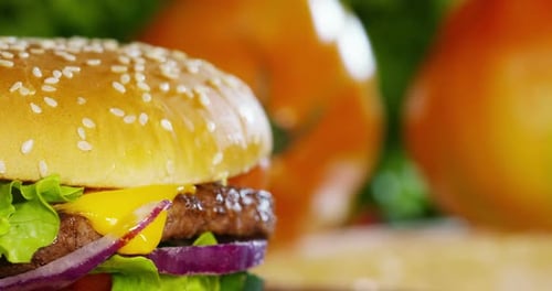 Juicy Burger Close Up with Cheese and Veggies
