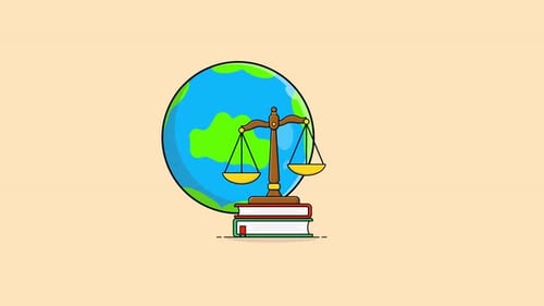 Animated Global Justice Concept with Books and Scales