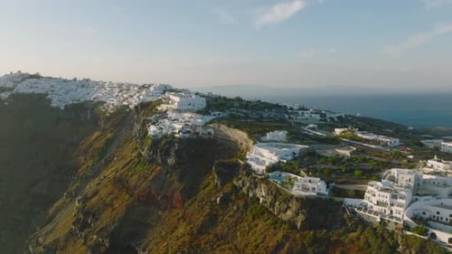 Aerial of a hilltop village in Santorini, Greece