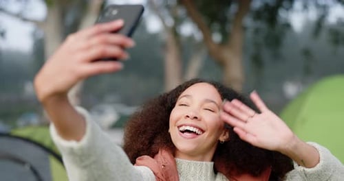 Woman, wave with selfie or live stream, camping outdoor and influencer, hello and happy in nature
