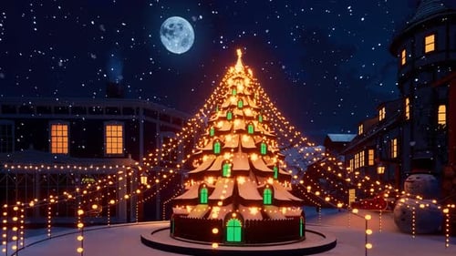 Christmas Tree and Festive Lights in Snowy Winter Village Night