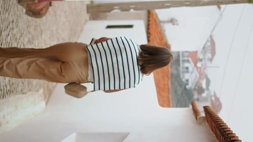 Romantic Girl Walking Old Narrow Street Vertical Carefree Tourist Explore City