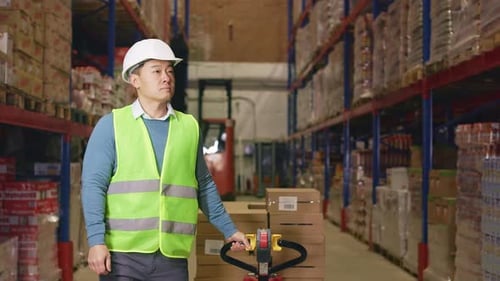 Asian Man Pushing Hand Pallet Jack with Boxes in Warehouse