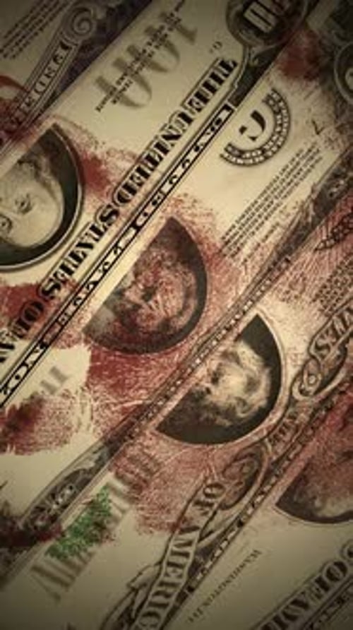 Old Blody Dirty USA Dollars Banknote Bills - Spinning Loop - Top Close Up View - Vertical Screen