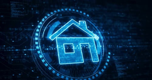 Digital Smart Home Icon on Futuristic Circuit Board Background