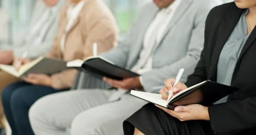 Workshop, hands or business people writing notes in meeting for education or corporate training