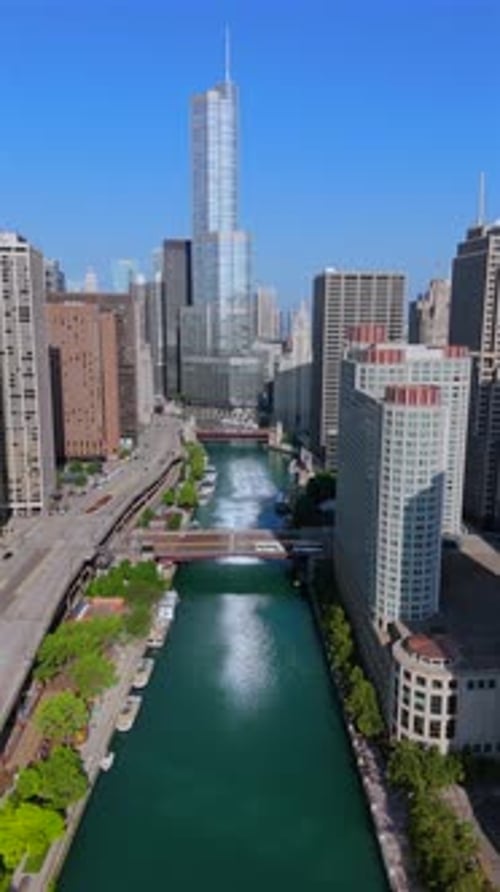 A Captivating Aerial Perspective Showcasing the Beautiful Chicago River and Iconic Skyscrapers