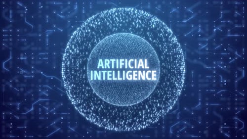 Artificial Intelligence Concept over Matrix sphere on circuitry background.