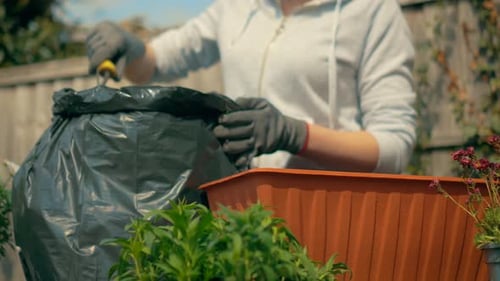 Woman Filling Flower Box with Soil Using Garden Trowel Tending in Elevated Garden Bed Arranging