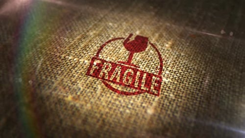 Fragile sign stamp on linen sack loop