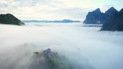 Aerial View Of Mountains In The Morning With Fog , Pha Daeng Peak Viewpoint, Luang Prabang, Laos