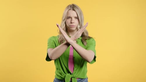 No Never Young Woman Rejecting Gesture Stop Crossing Hands Ban Timeout
