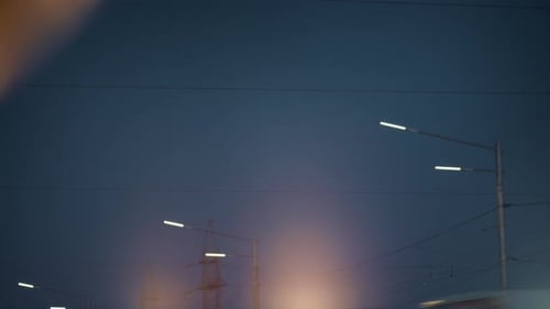 Led Street Lamps Illumining Highway at Night Time. Saving Energy Lamps Concept