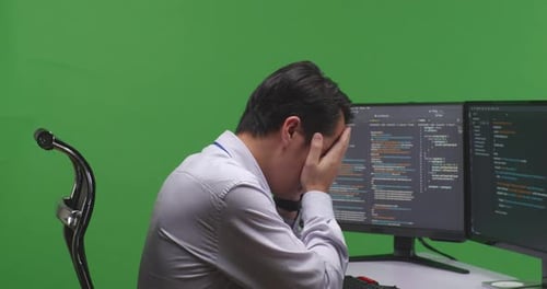 Developer Having Headache While Write Code With Multiple Computer Screens In Green Screen