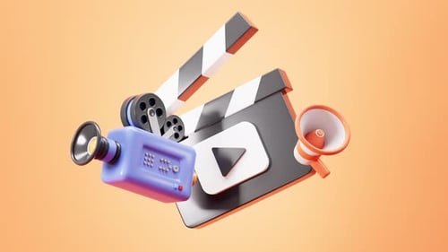 Zeichentrickfilmkamera, Klappbrett und Trompete auf gelbem Hintergrund, 3D-Rendering.